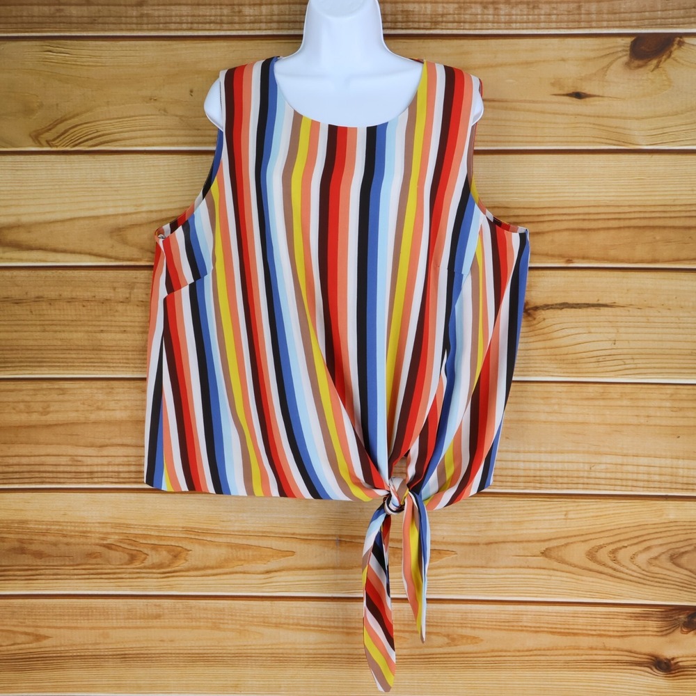 Ophelia Roe Lightweight Tank Top Blouse Womens Sz 1X Colorful Striped Tie Front